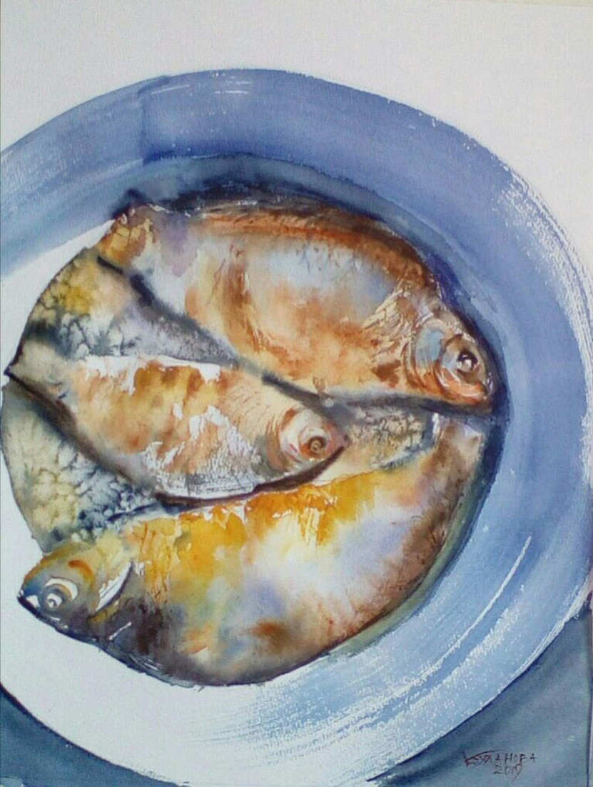 Художник БУЛАНОВА ВИКТОРИЯ, "Караси", акварель, 30х40