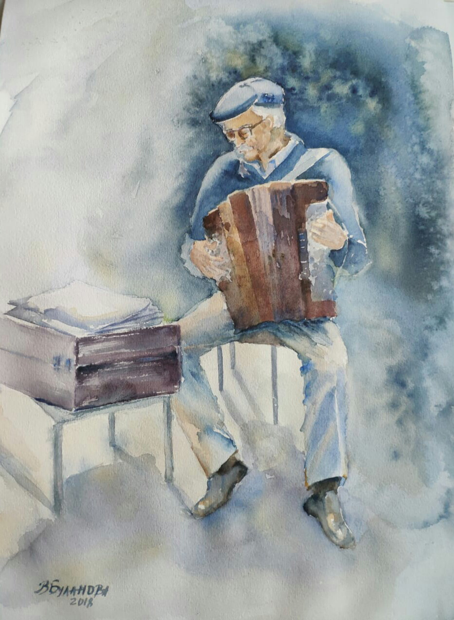 Художник БУЛАНОВА ВИКТОРИЯ. "Баянист", версия 2, акварель, 30х40