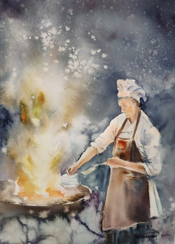 Художник БУЛАНОВА ВИКТОРИЯ, "Повар", акварель, 30х40