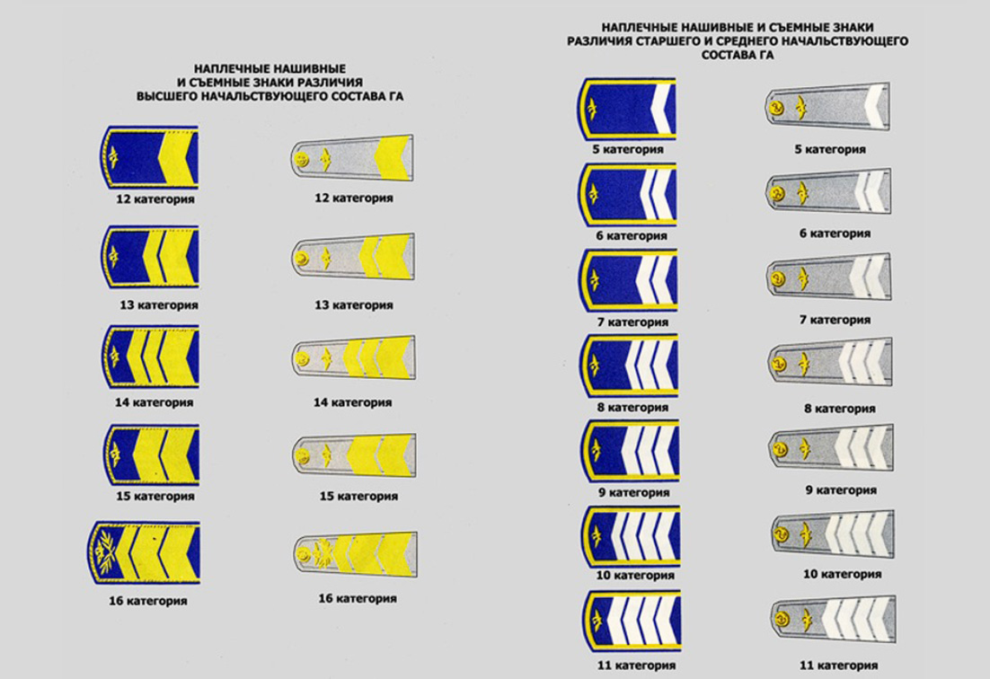 Знаки различия = погоны категории в ГА. 