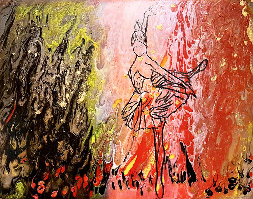 АЛЕКСАНДРА САВВИНА. Dance of fire. Акрил, стекло, 50х70.